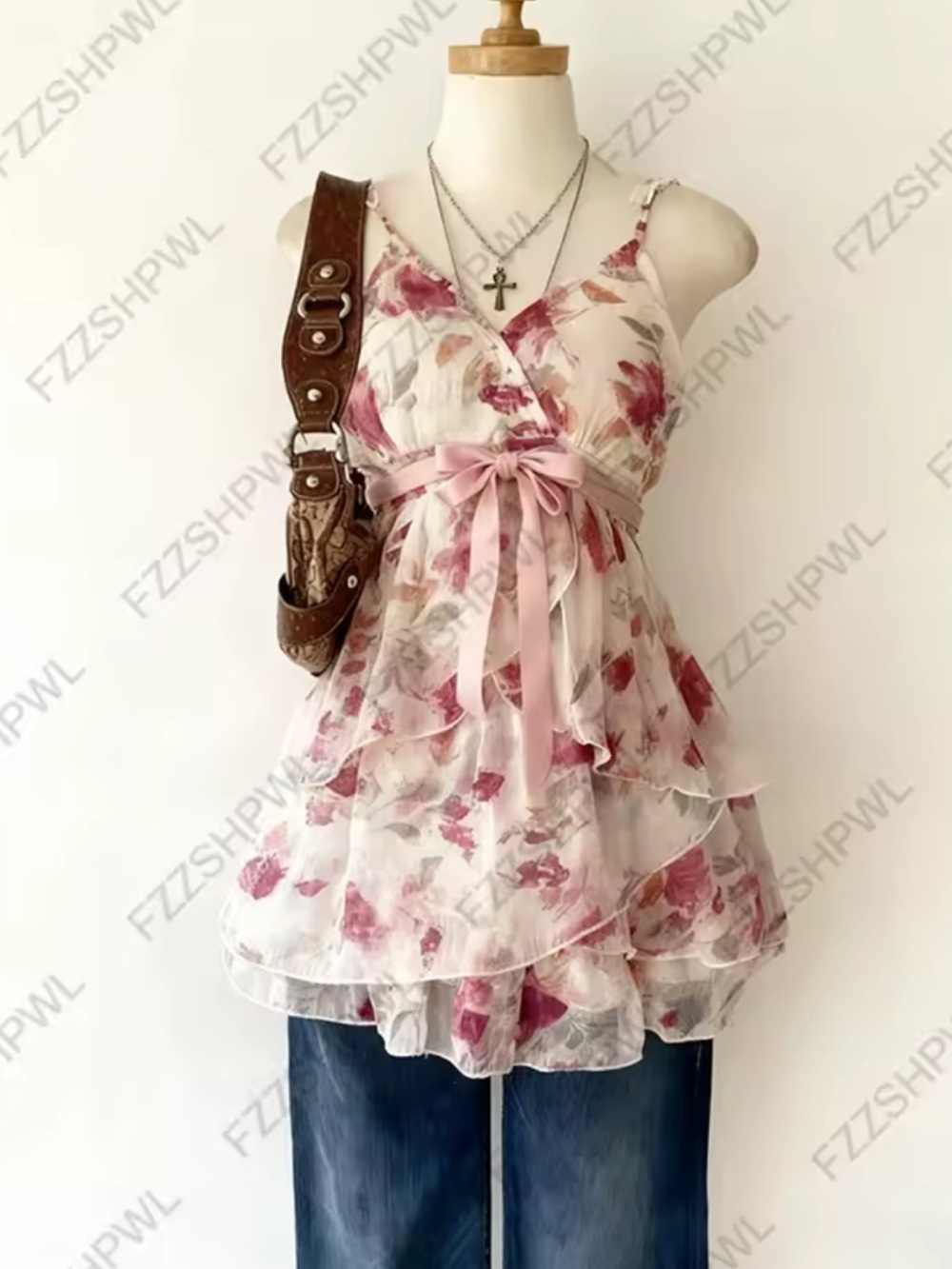 Floral Ruffle Tiered V-Neck Tunic Top - Pink